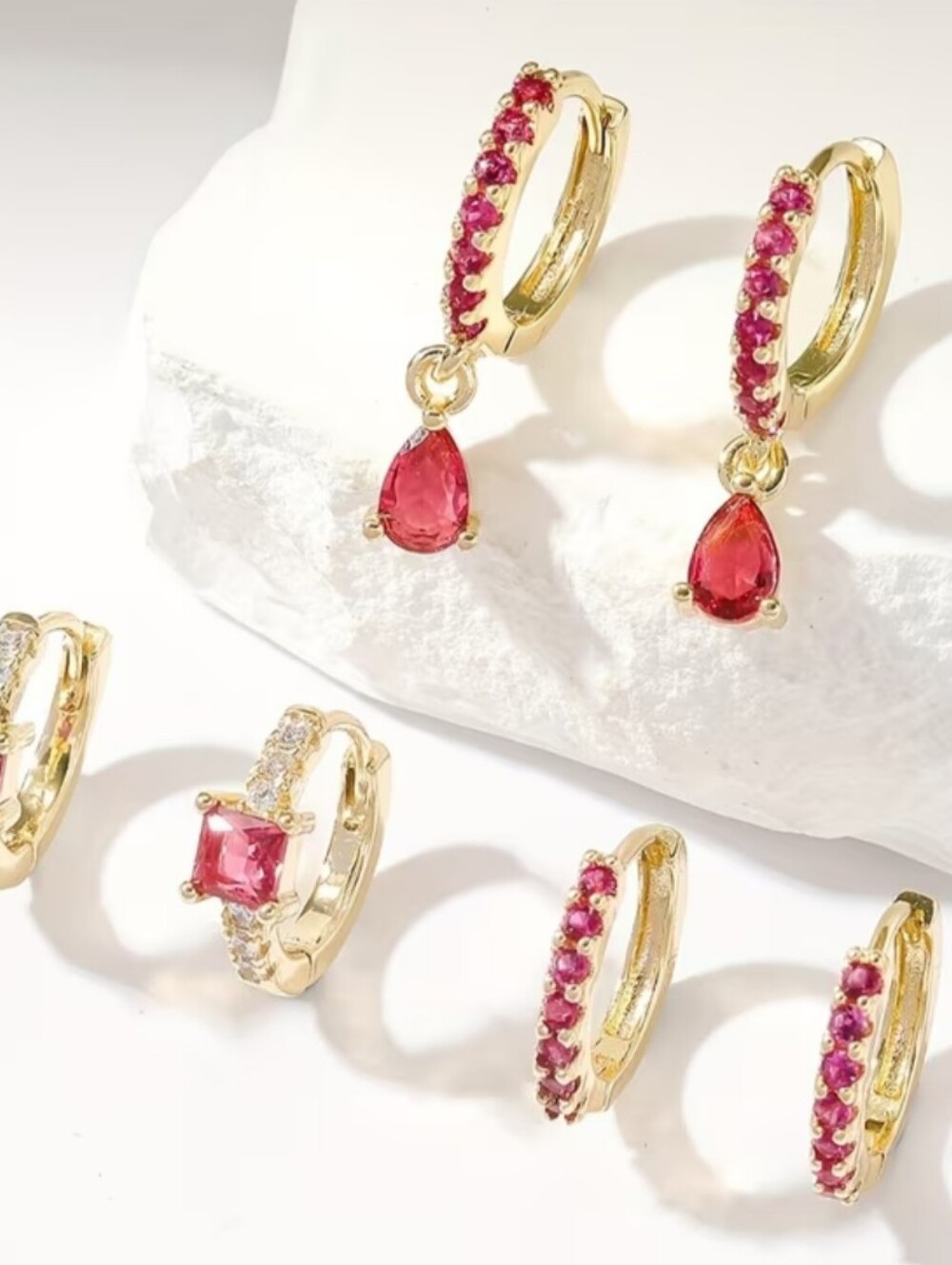 New Gold Plated Rosy Red Gem Hoop & Drop Earrings